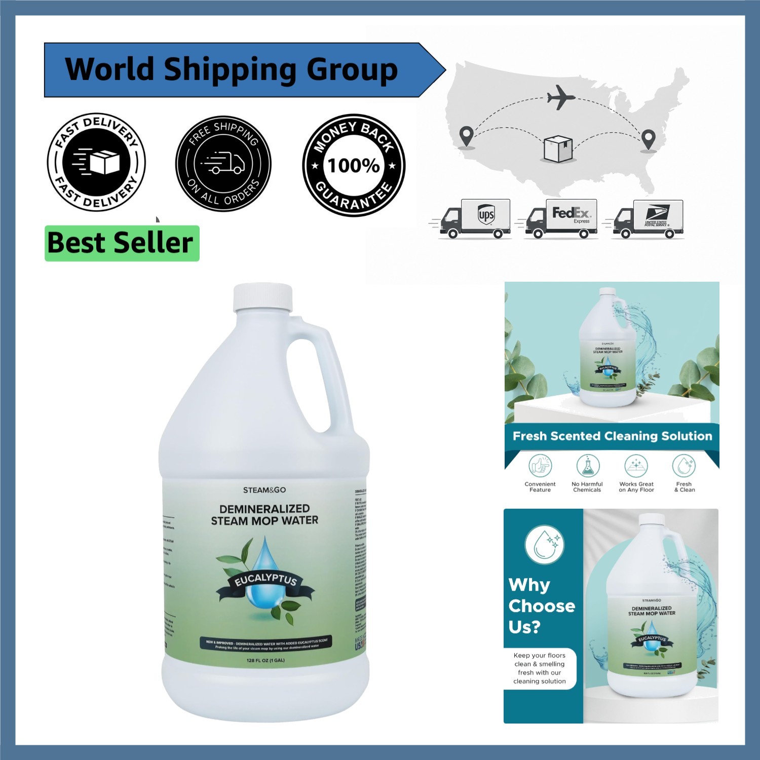 Eco-Friendly 128 oz Steam Mop Water – Eucalyptus Mint Scent, No Harsh Chemicals