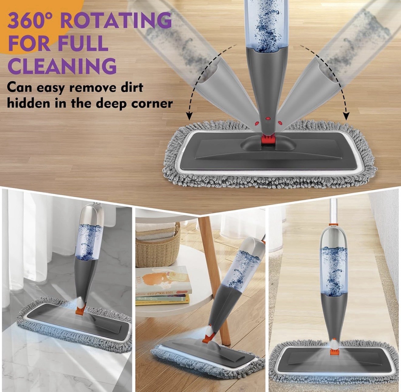 CLDREAM Spray Mop with Washable Pads, 800ml Refillable Bottle for Floor Cleaning