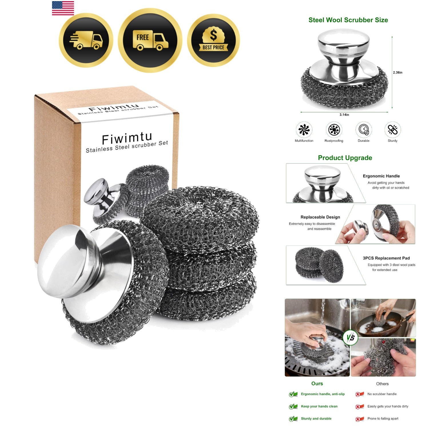 4PCS Steel Wool Scrubber Pads, Stainless Steel Scrubber Set with 3Pcs Steel W…