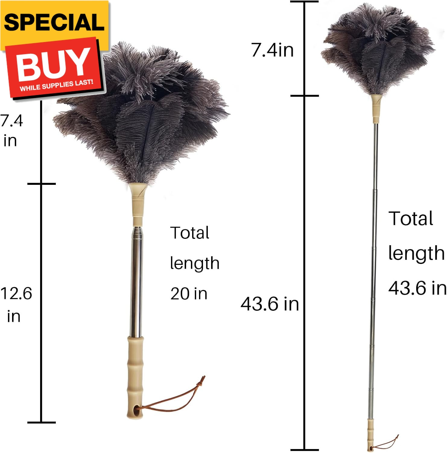 Ostrich Feather Duster with Extension Pole Up to 43 inch, Genuine Fluffy Natural