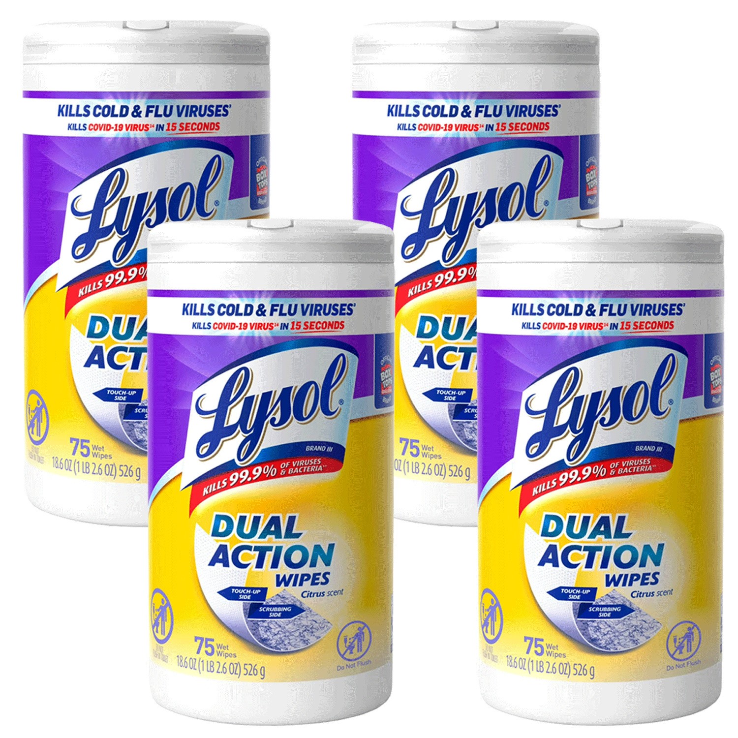 Lysol Dual Action Cleaning Wipes, Citrus Scent, Scrubbing & Soft, 75 Ct, 4 Pack