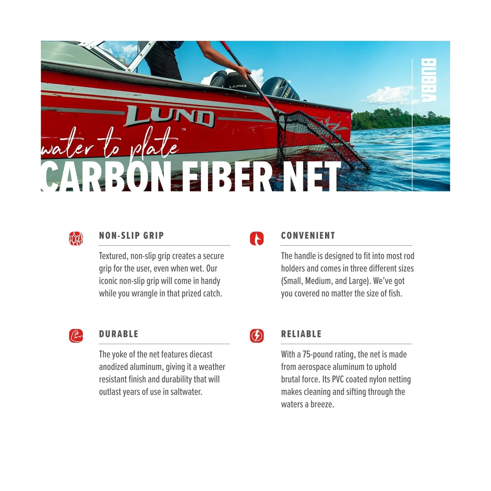 BUBBA Landing Nets – Corrosion Resistant, Non-Slip Grip, Carbon Fiber Shaft