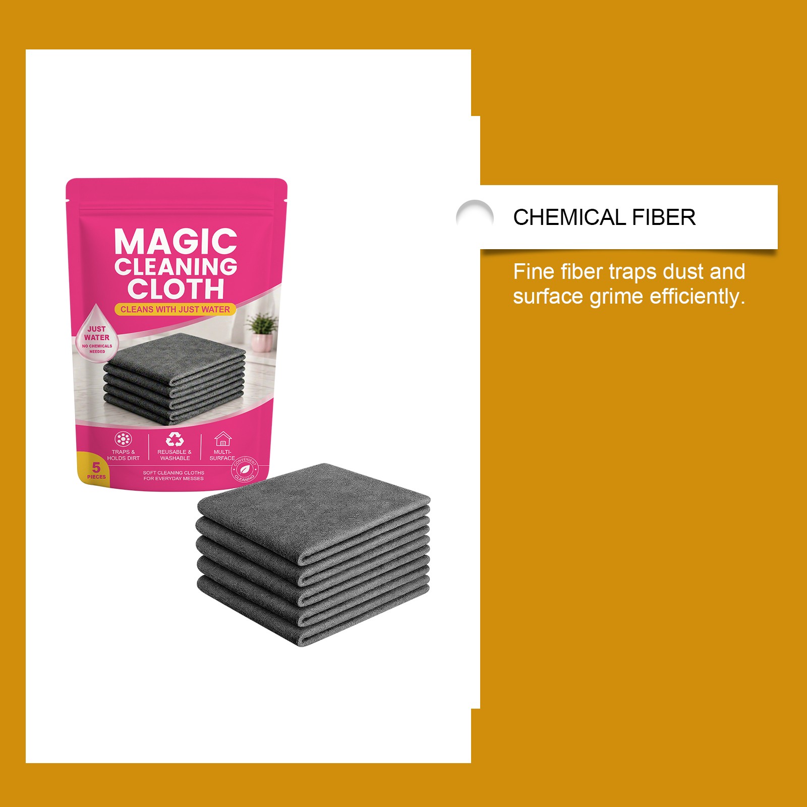 Magic Cleaning Cloth 5Pack Thick Microfiber Streak‑Free for Window Kitchen Reuse