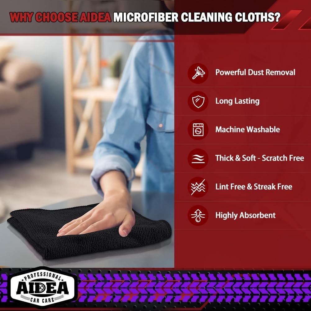 Microfiber Cleaning Cloths 12×12 Inches Black 10 Pack for Cars, Kitchen, Glass