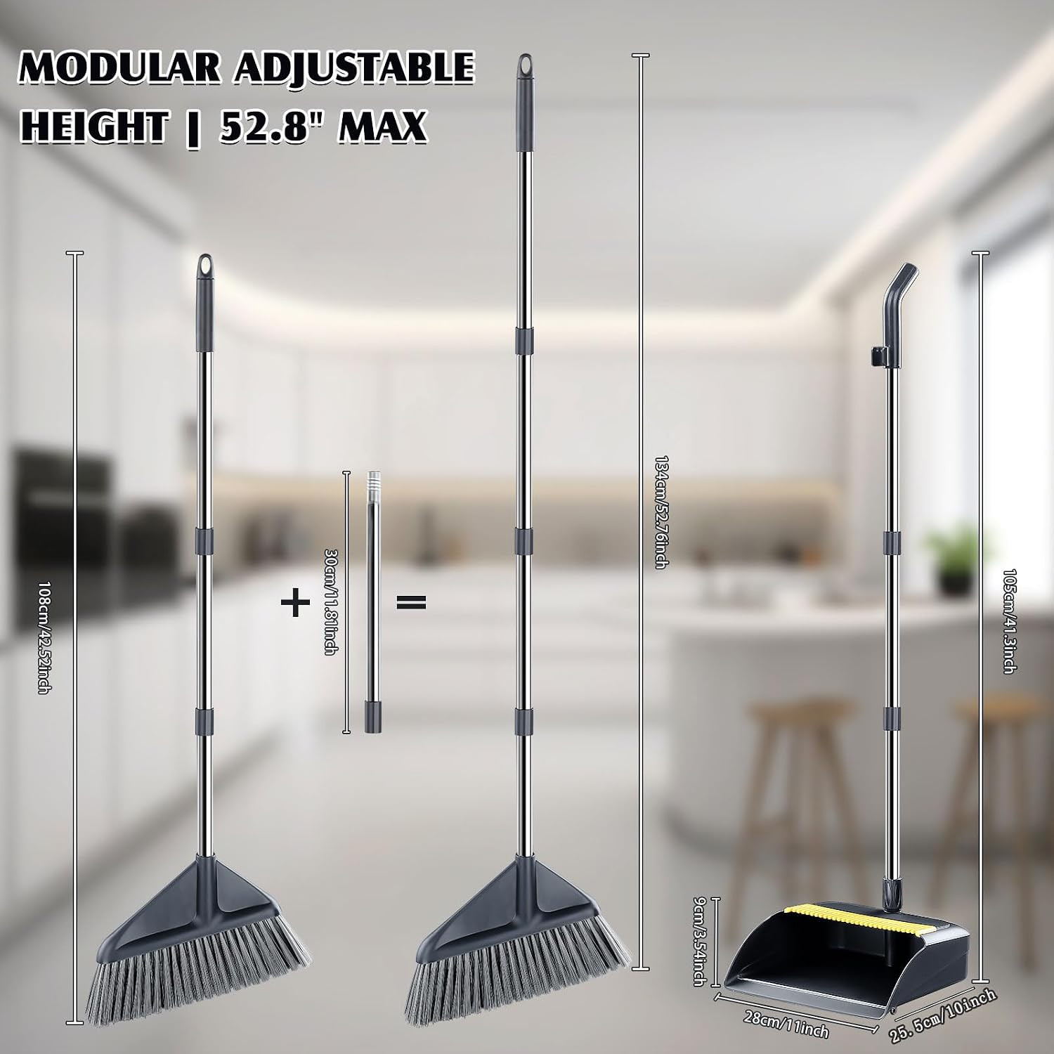 Broom and Dustpan Set with 52″ Long Handle | Stand Up Dustpan with No Warping Me