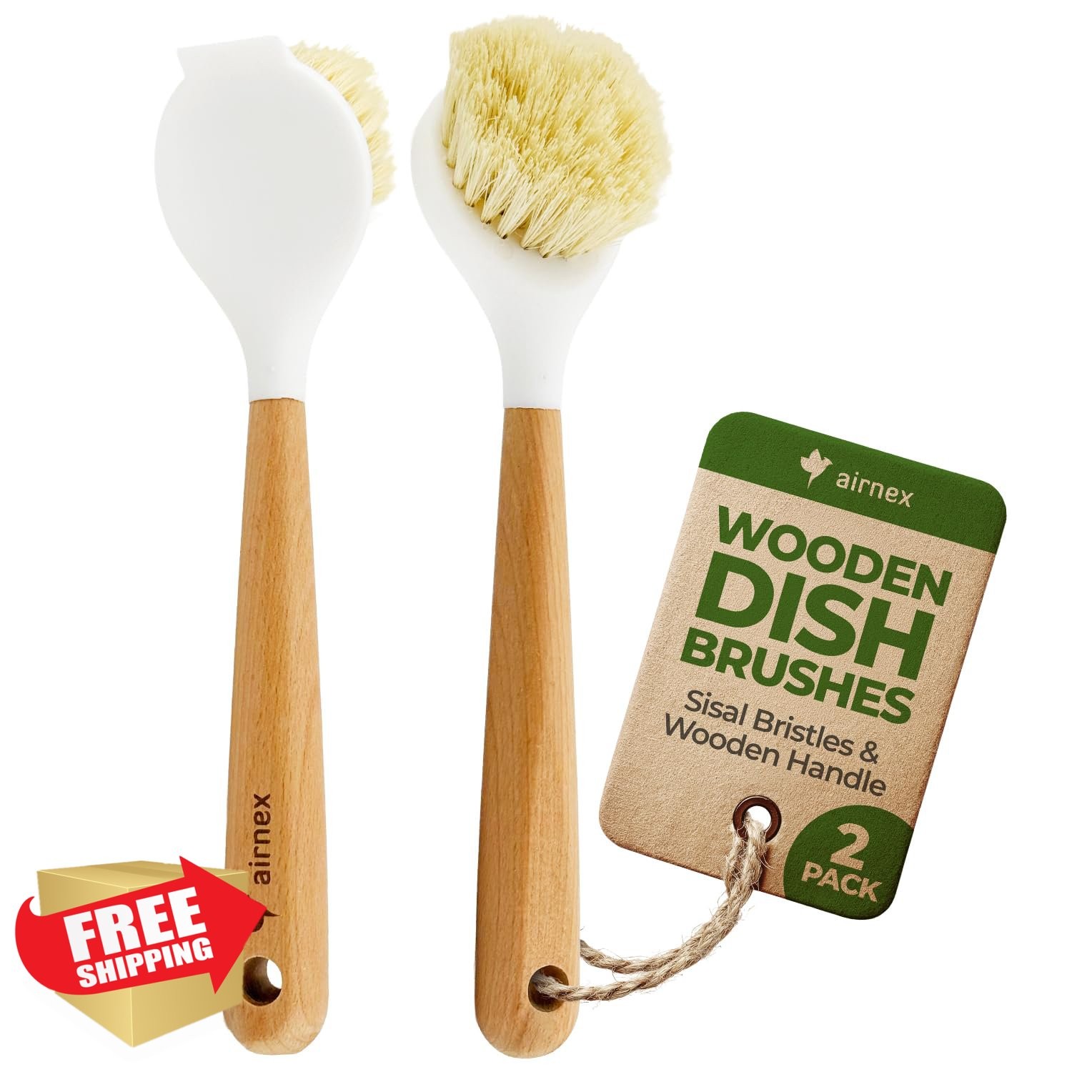 AIRNEX Wooden Dish Brush Set of 2 – Dish Brush with Handle Made of Wood and S…