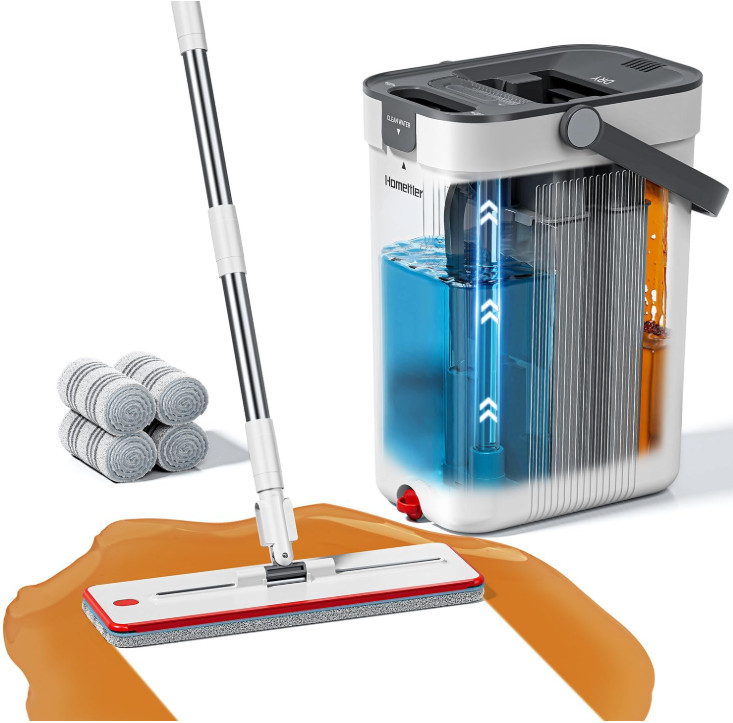 Juego Mopa Plana con Cubo 3 Depósitos 65” y 4 Mopas Lavables para Suelos