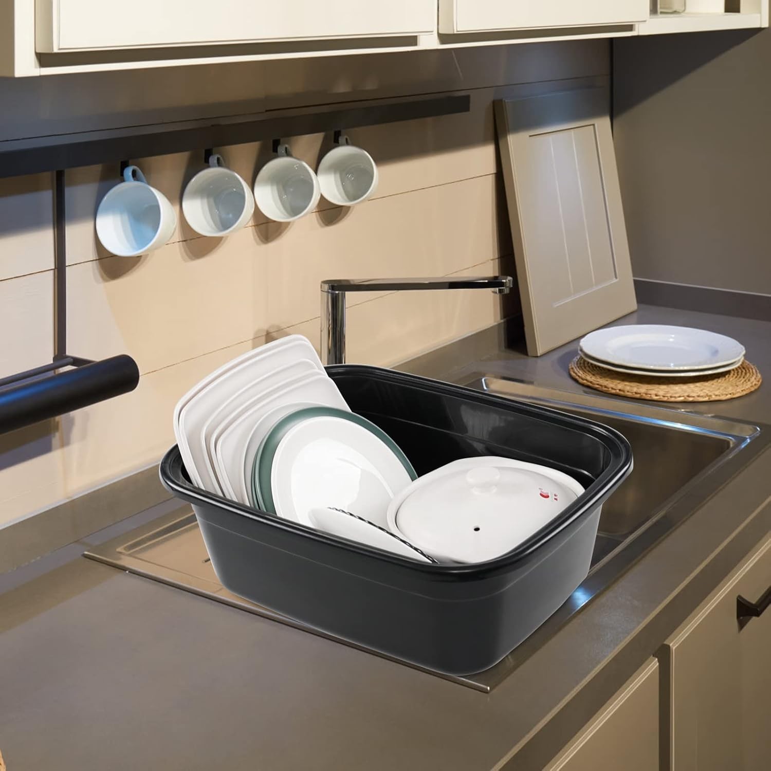 2 Pack 18 Quart Plastic Washing Basin Tub, Black Rectangle Dish Pan