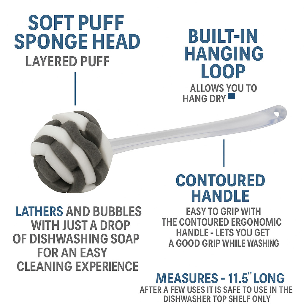 Soft Touch Kitchen Multi-Purpose Sponge Puff Dish Brush 11.5″ with Clear Handle