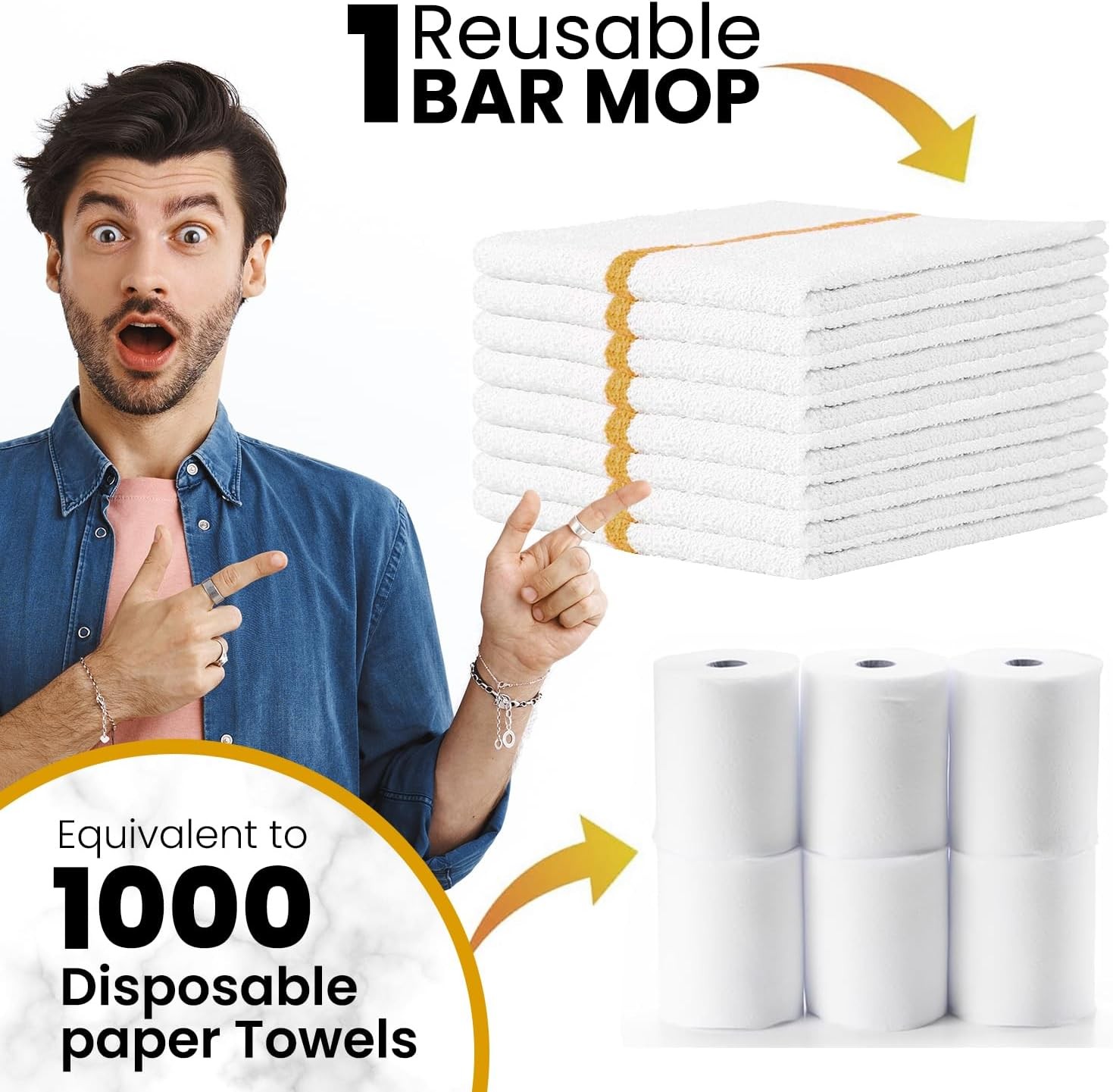 Bar Mops Gold Stripe Pack of 60 Kitchen Towels 16×19 Multi-Purpose for Home,