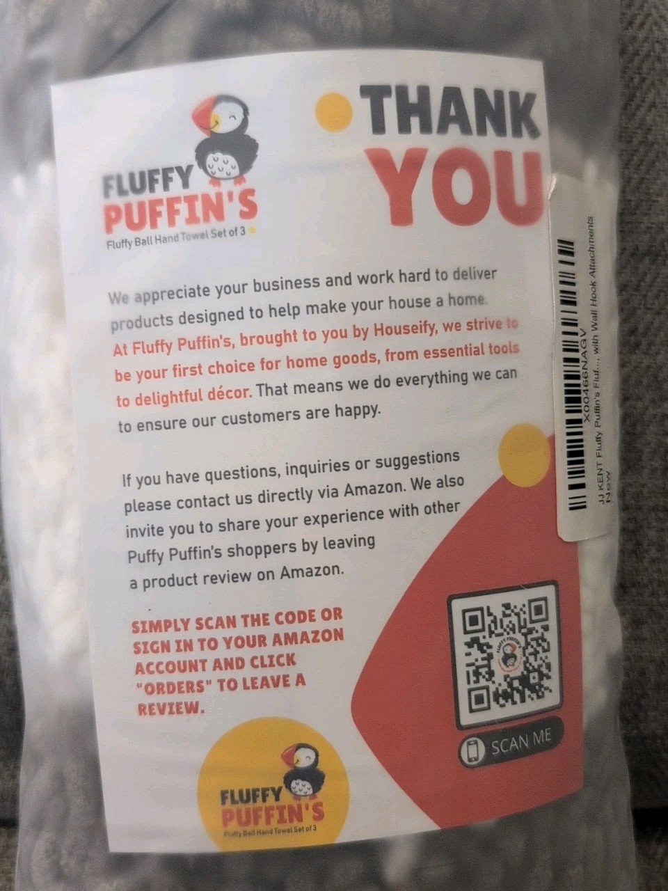 Fluffy Puffins Microfiber Hand Towels Set of 3Fluffy White Gray Wall Hooks New