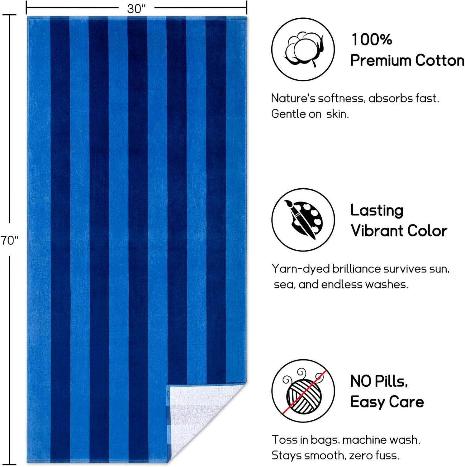 Large Beach Towel Oversized – Cotton Velour 35 x 70 Inch Blue Striped Terry Pool