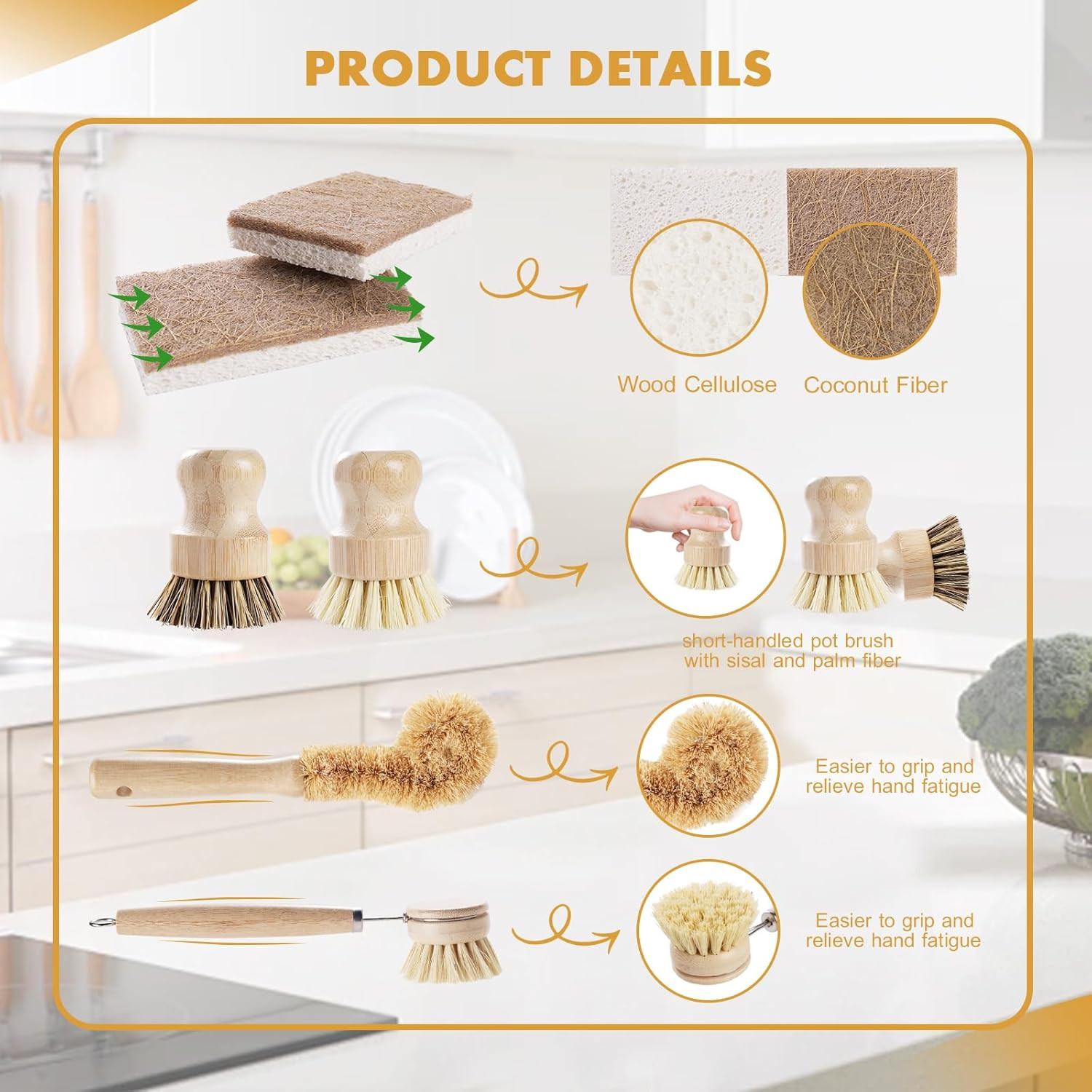 6 Piece Bamboo Dish Brush Set with Coconut Sponge – Wooden Dish Brush with Sisal