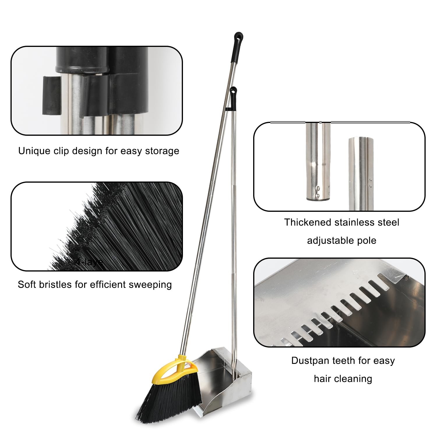 Broom And Stainless Steel Dustpan Set For Home Kitchen Indoor Soft Bristles