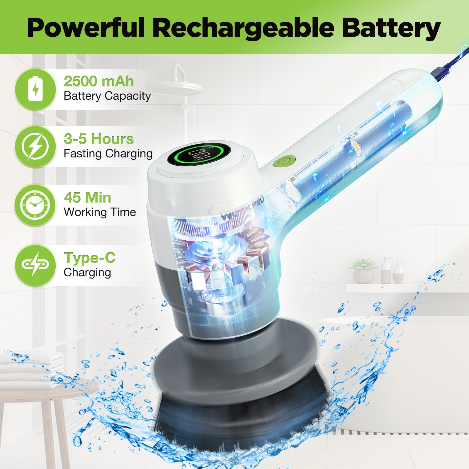 WORKPRO 8V Electric Spin Scrubber, 3-Speed Adjustable Shower Scrubber