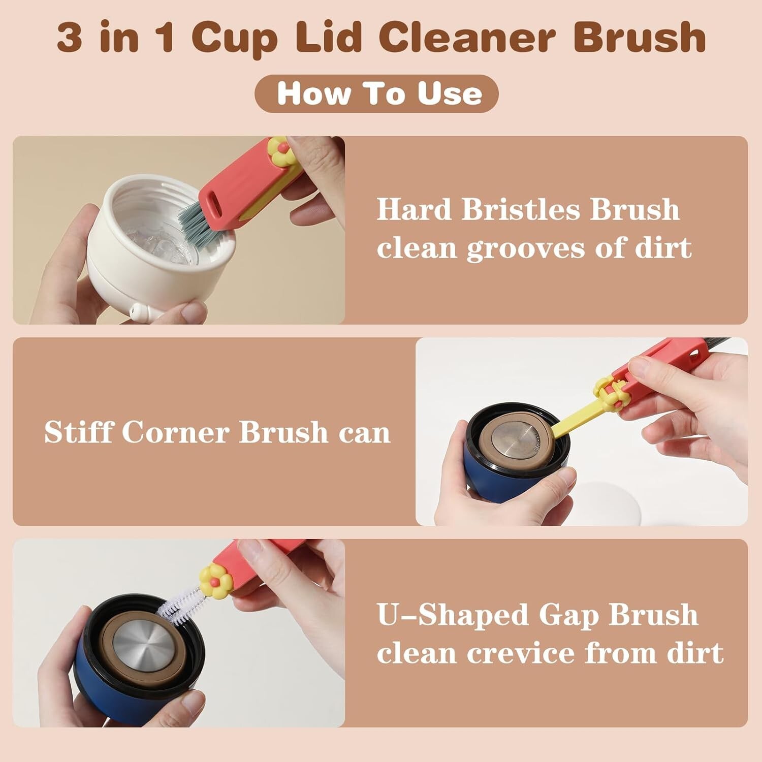 3 in 1 Cup Lid Cleaning Brush, 3 Pack Multifunctional Crevice Gap Cleaner Brush