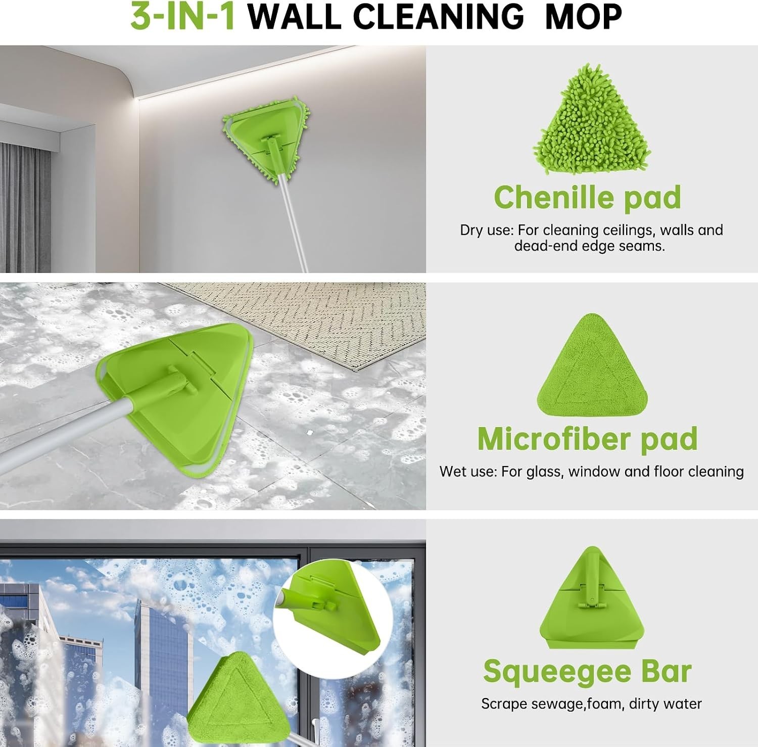 Wall & Baseboard Cleaner Mop Tool with 82” Long Handle, 360 Degree Rotating …