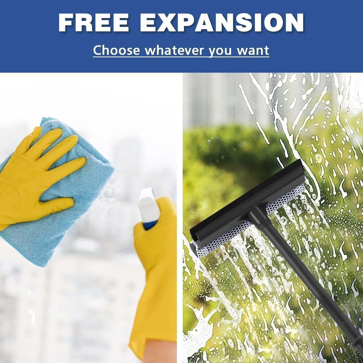 Window Squeegee 15.9 Inch Multi Use Cleaning Tool with Rubber Blade and Sponge