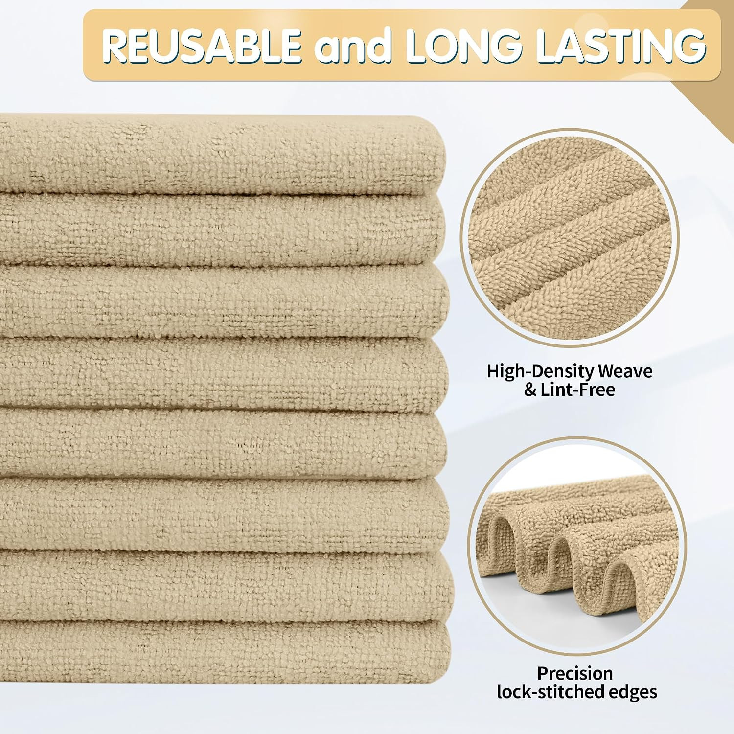 Beige Microfiber Cleaning Cloth -Pack of 8, Highly Absorbent Cleaning Rags, 16″X