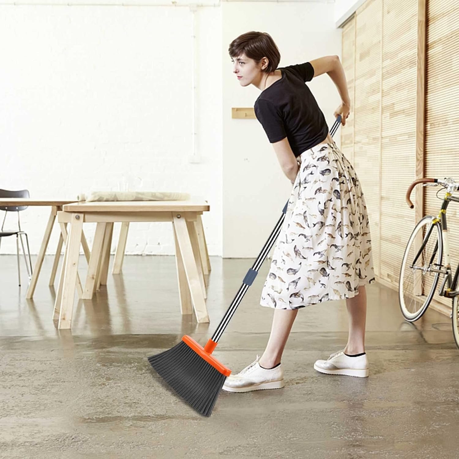 Indoor Outdoor Broom and Dustpan Set with Self-Cleaning Feature and Storage