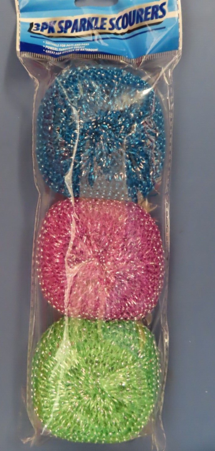 3 Pack of Sparkle Scourers Assorted Colors. Pots Pans Srcubbing #G11409