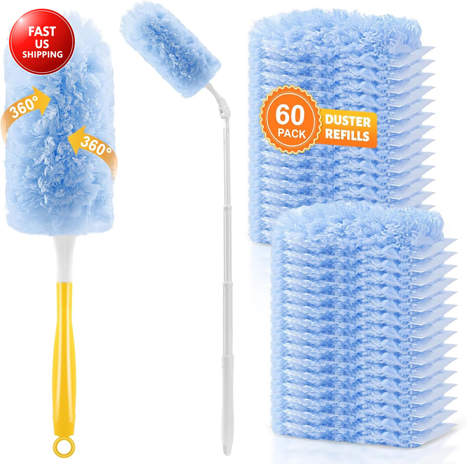 60-Pack Heavy Duty Duster Refills Compatible with Swiffer, 3FT Extendable Handle