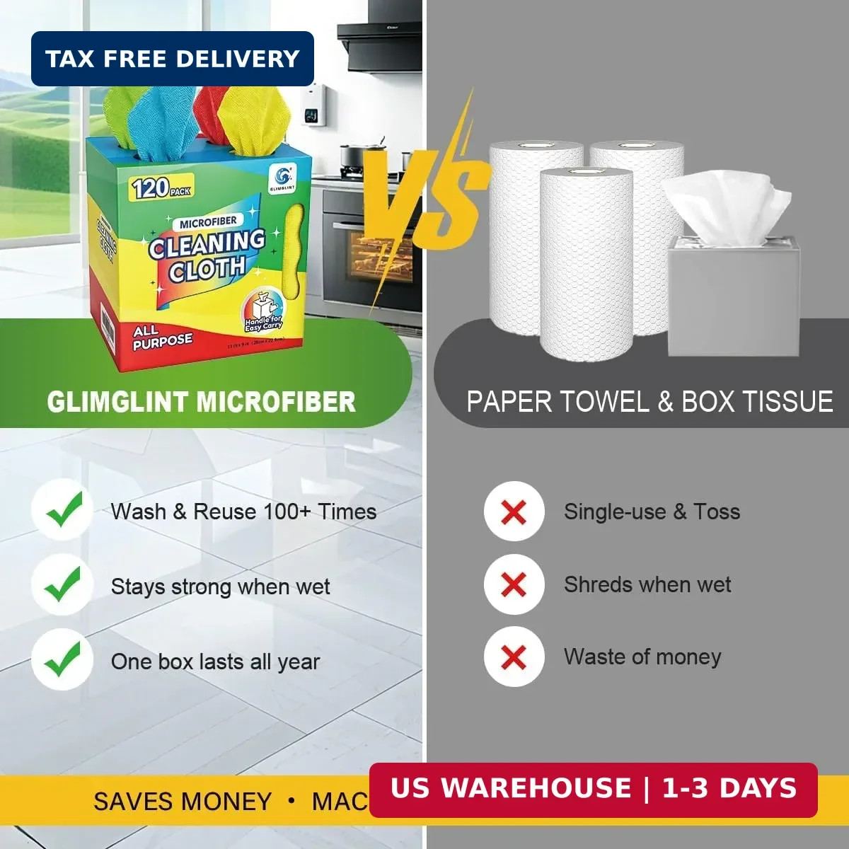 GLIMGLINT Microfiber Cleaning Cloth 120 Pack, Reusable Paper Towels with Dispens