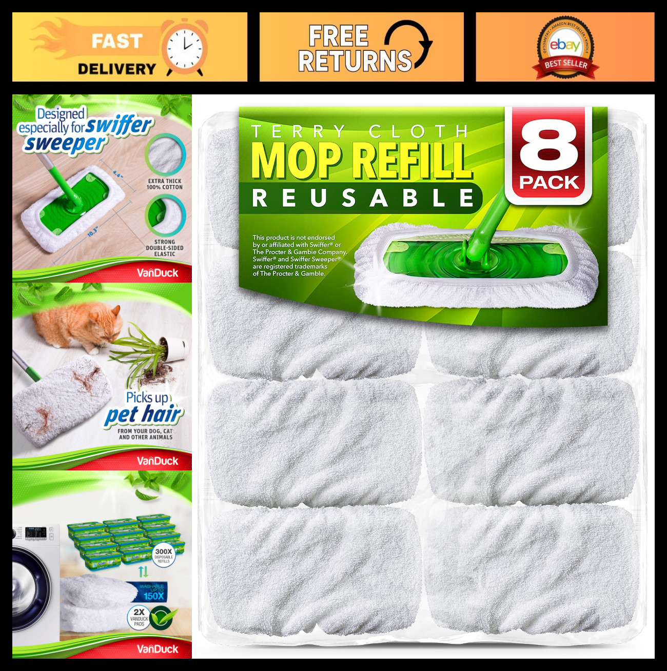 Reusable 100% Cotton Mop Pads for Swiffer Sweeper – 8-Pack, Machine Washable Ter