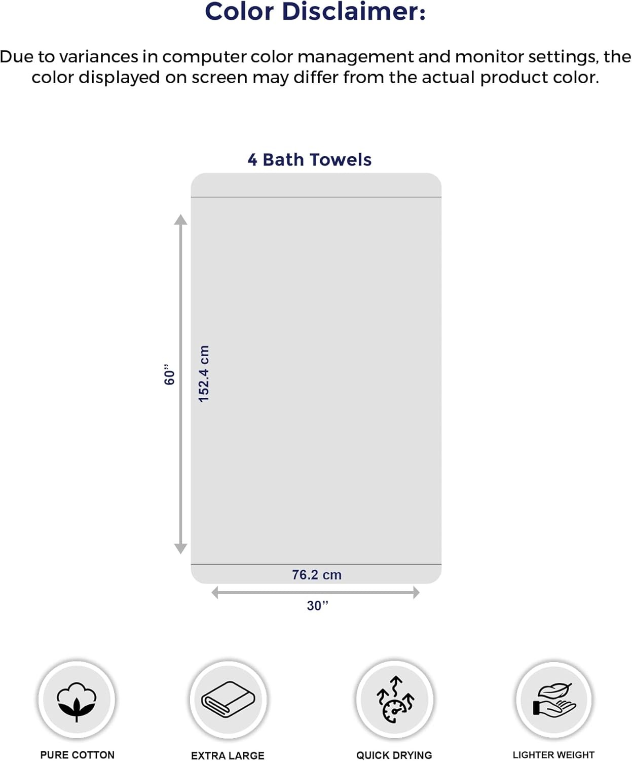 Pack of 4 Extra Large Bath Towels 30 x 60 Inches, 100% Cotton, Larger & Lighter