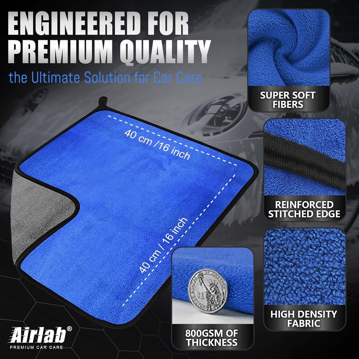 16” x 16” Microfiber Towels for Car Wash & Dry – Streak Free, 800 GSM