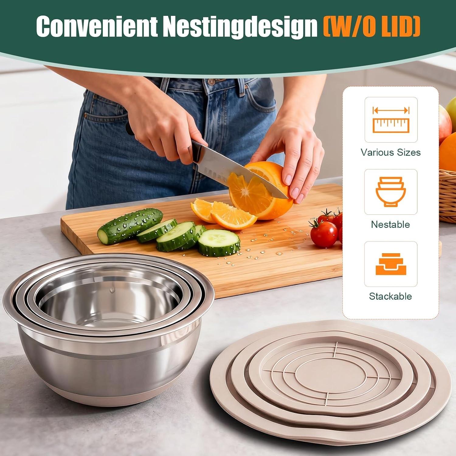 Stainless Steel 4 Bowl Set with Lids Silicone Bases Plus Grater Egg Separator