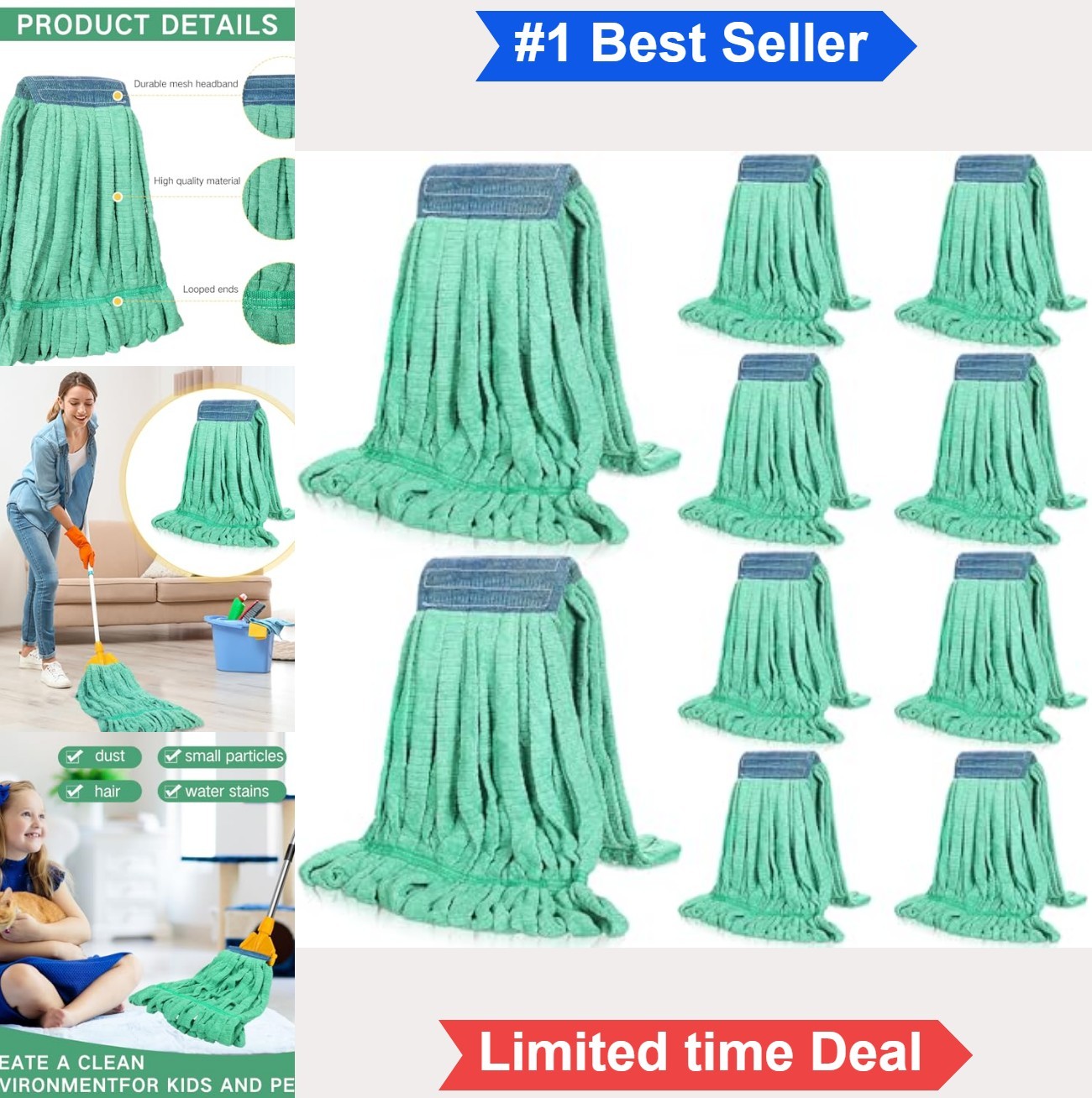 Microfiber Mop Heads 10 Pack 18 oz Commercial Wet Mop Refill Looped End for