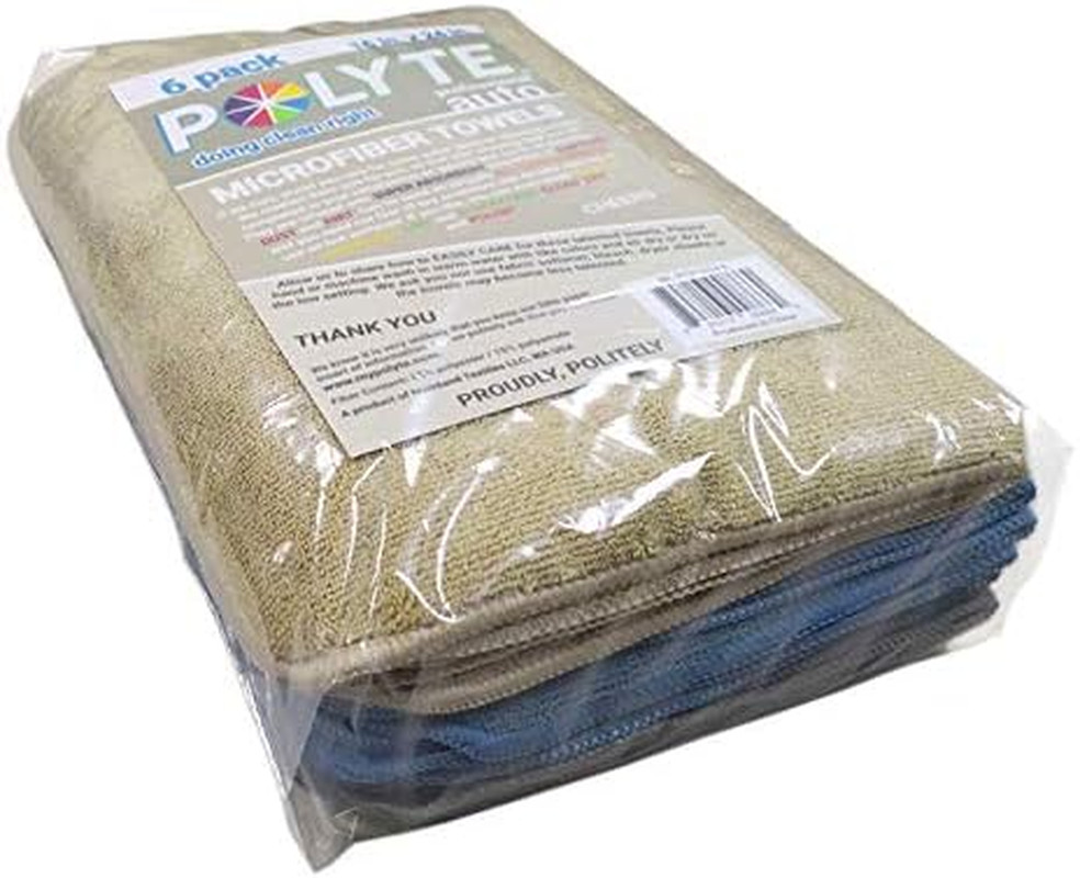 POLYTE Microfiber Cleaning Towel (16X24, 6 Pack, Professional, Blue,Camel,Gray)