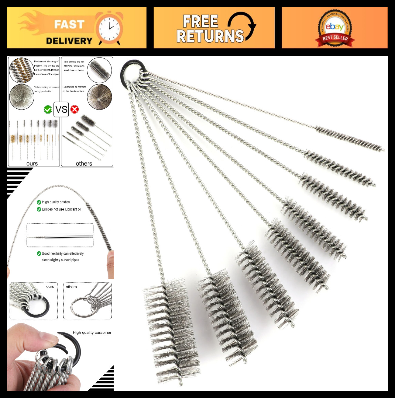 12″ Pipe Cleaning Brush Set – Stainless Steel Bristles, 8 Sizes for Bottles, Tub