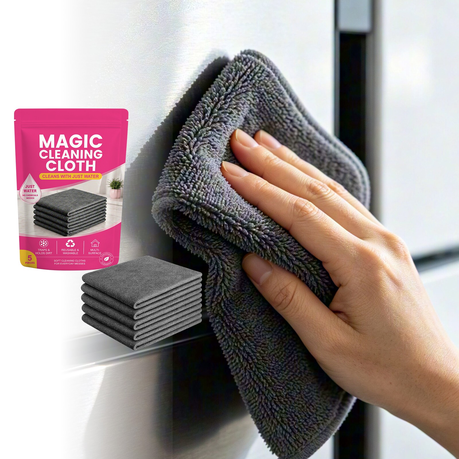 Magic Cleaning Cloth 5Pack Thick Microfiber Streak‑Free for Window Kitchen Reuse