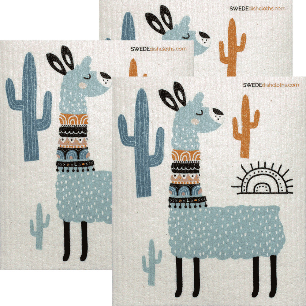 Turquoise Llama Set of 3 Swedish Dishcloths
