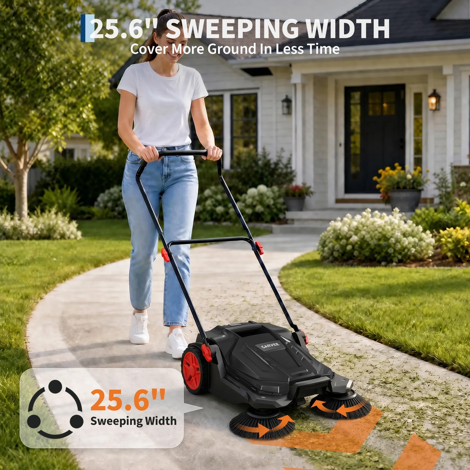 25.6″ Width Manual Sweeper Walk-Behind Hand Push Floor Sweeper Adjustable Handle