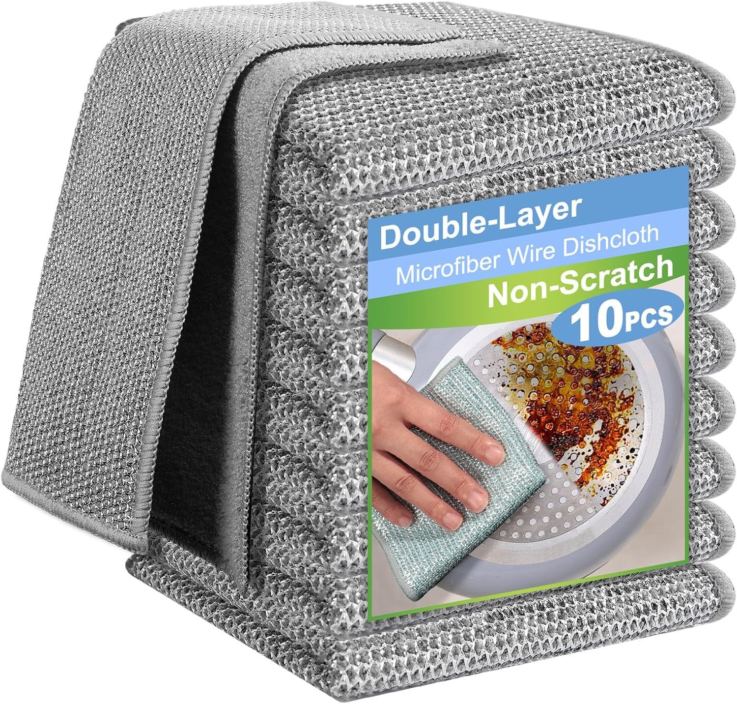 10pcs New Upgrade 2-Layer Microfiber Wire Dishcloth,Grey | Non-Scratch Wire