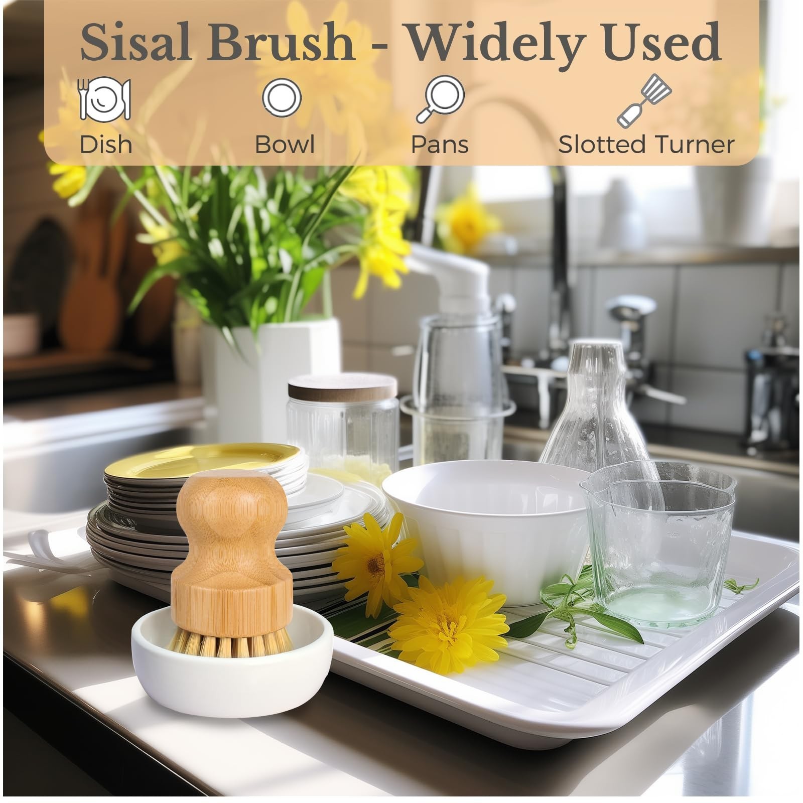 Bamboo Dish Brush, Eco Friendly Sisal Scrubber Brush with Ceramics Holder-Woo…