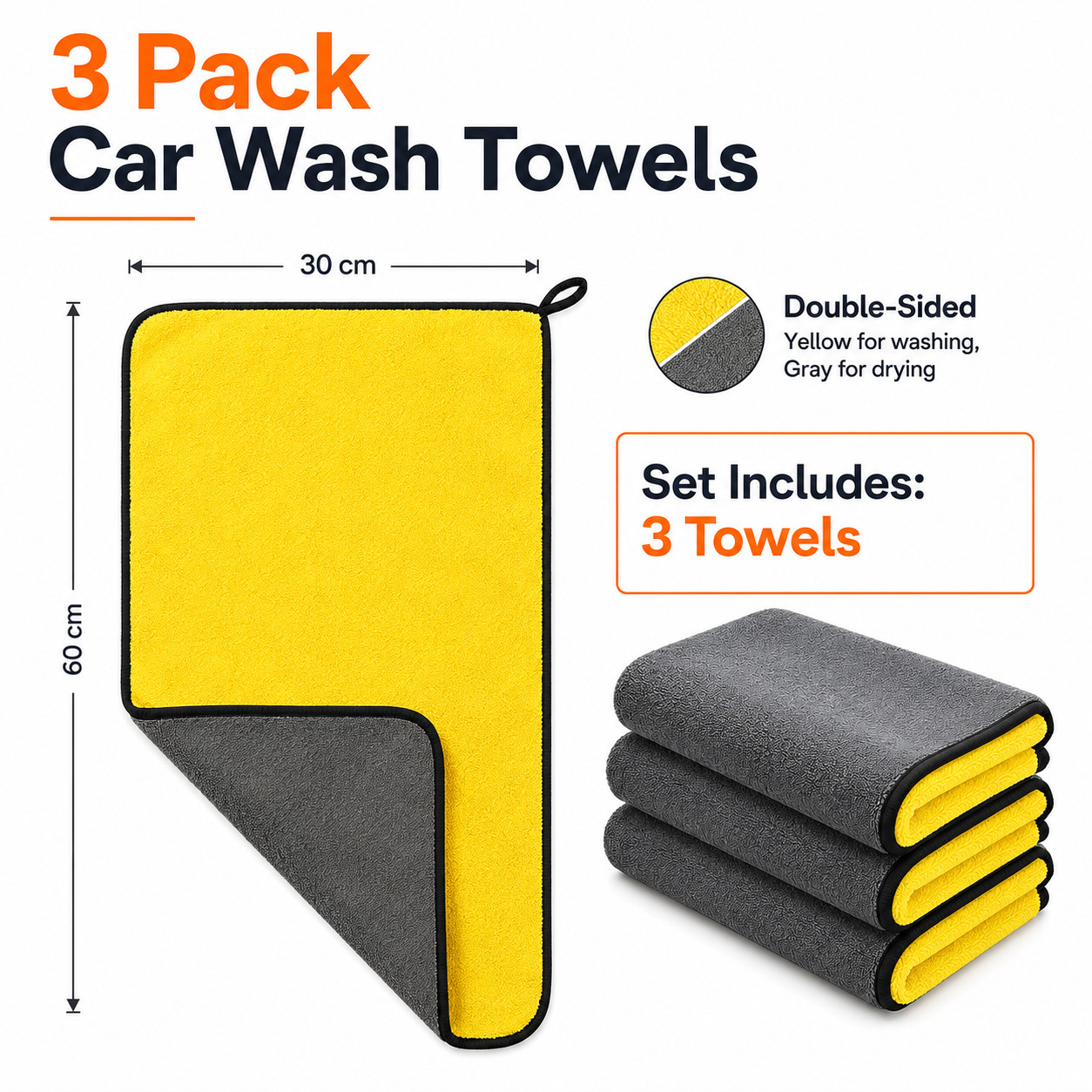 3 Pack 30x60cm Dual-Sided Microfiber Car Drying Towels Absorbent Lint-Free