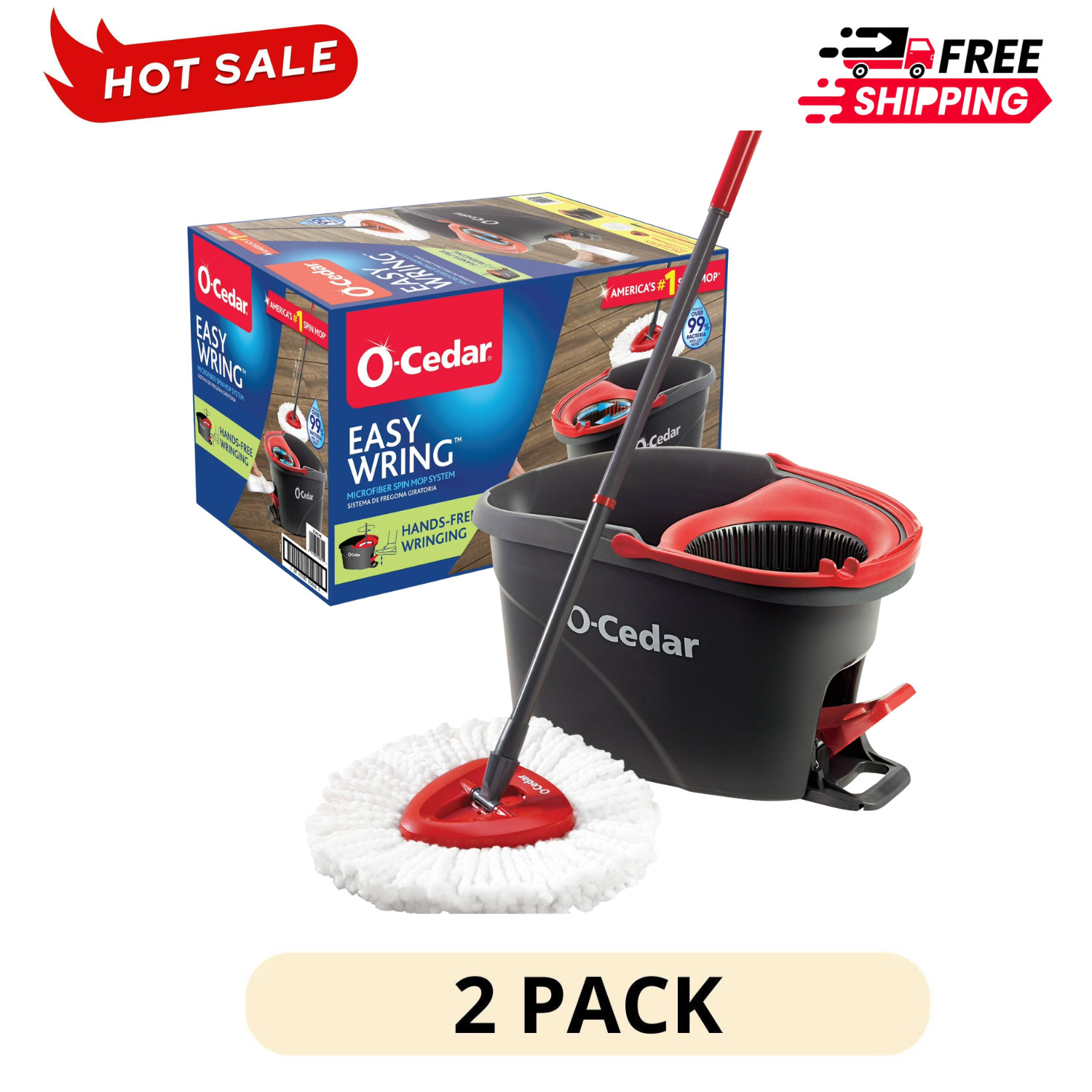 2 Pack O-Cedar EasyWring Spin Mop & Bucket System Microfiber Floor Cleaner