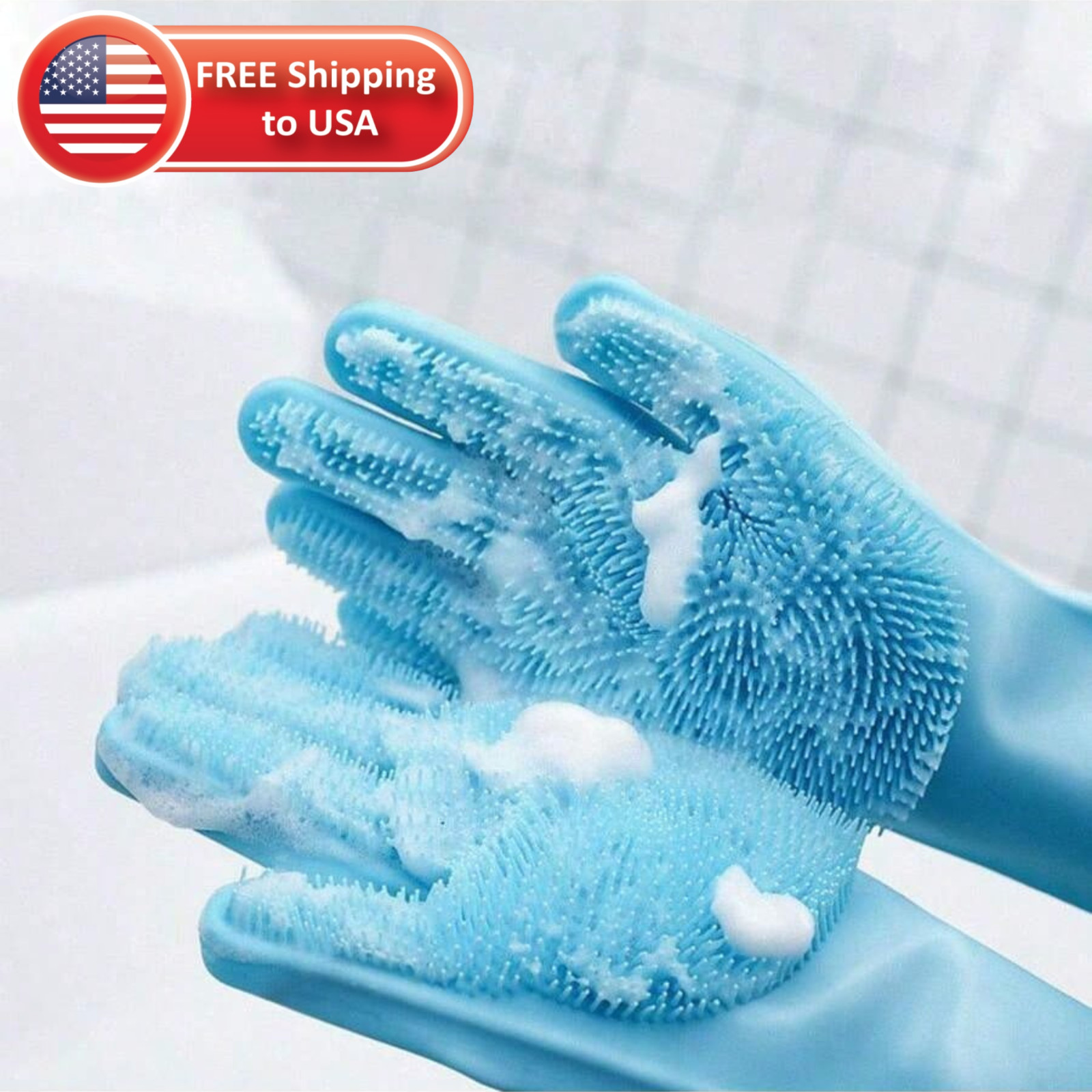 1Pair Dishwashing Gloves Waterproof Silicone Cleaning Scrubber Kitchen Tools USA
