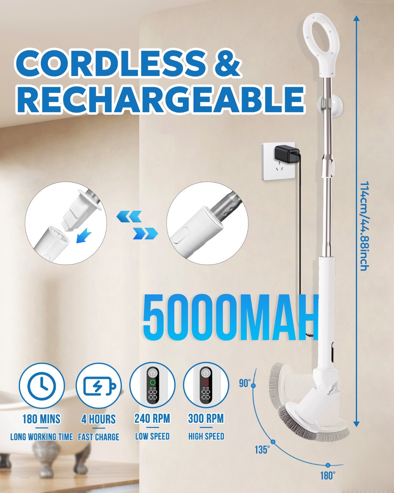 Electric Spin Brush with Long Handle 7 Replaceable Brush Heads Battery Operated