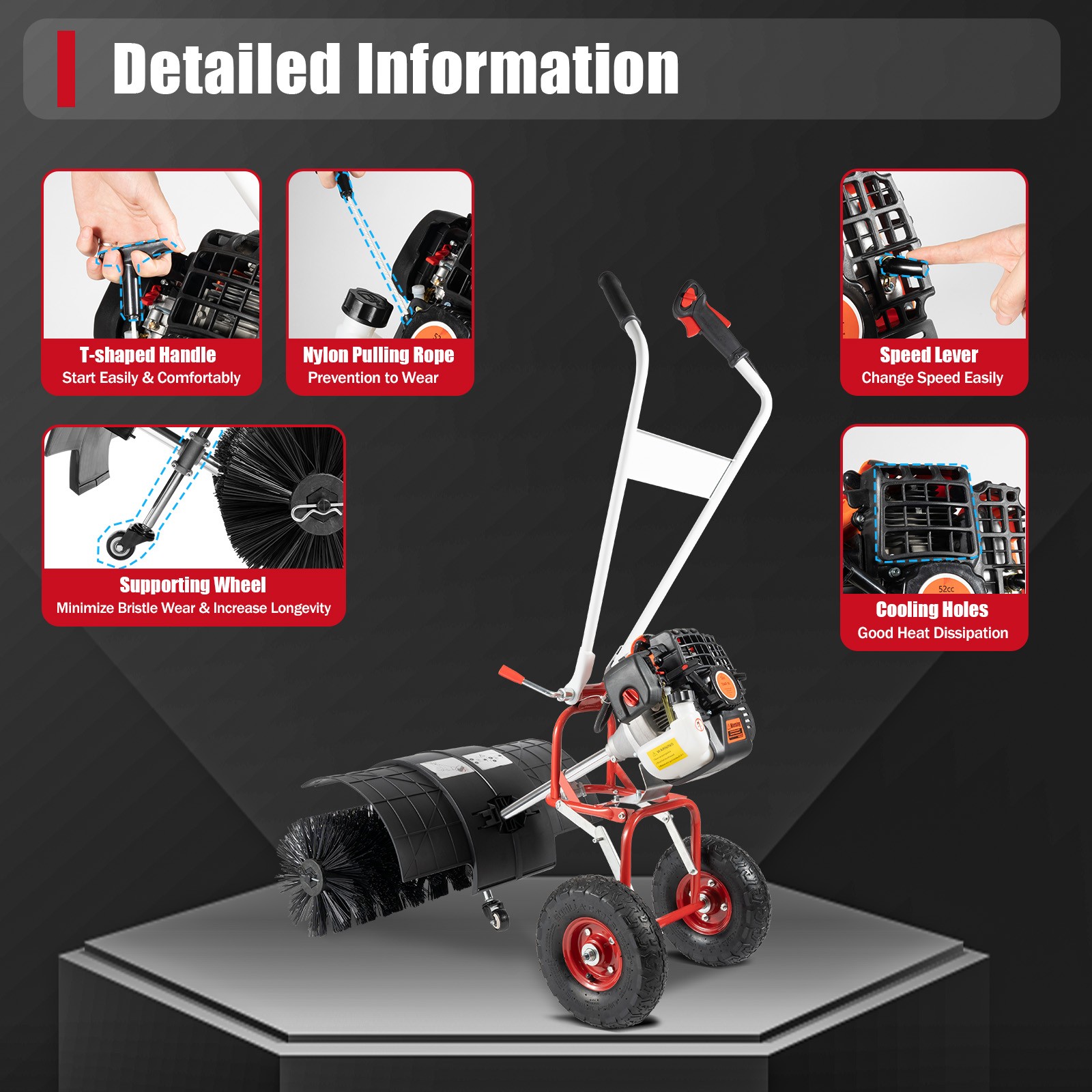 Walk Behind 52cc Power Broom Snow Driveway Sweeper Cleaner Artificial Grass USA~