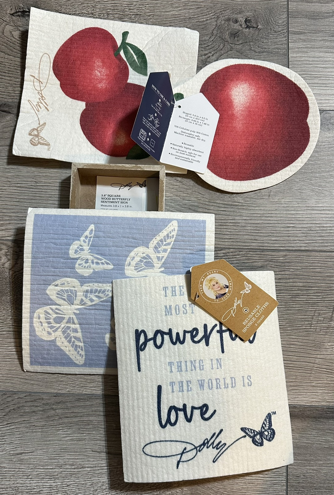Dolly Parton Wash/Reuse Cotton Blend Butterfly & Apple Cloths & Wood Decor Sign