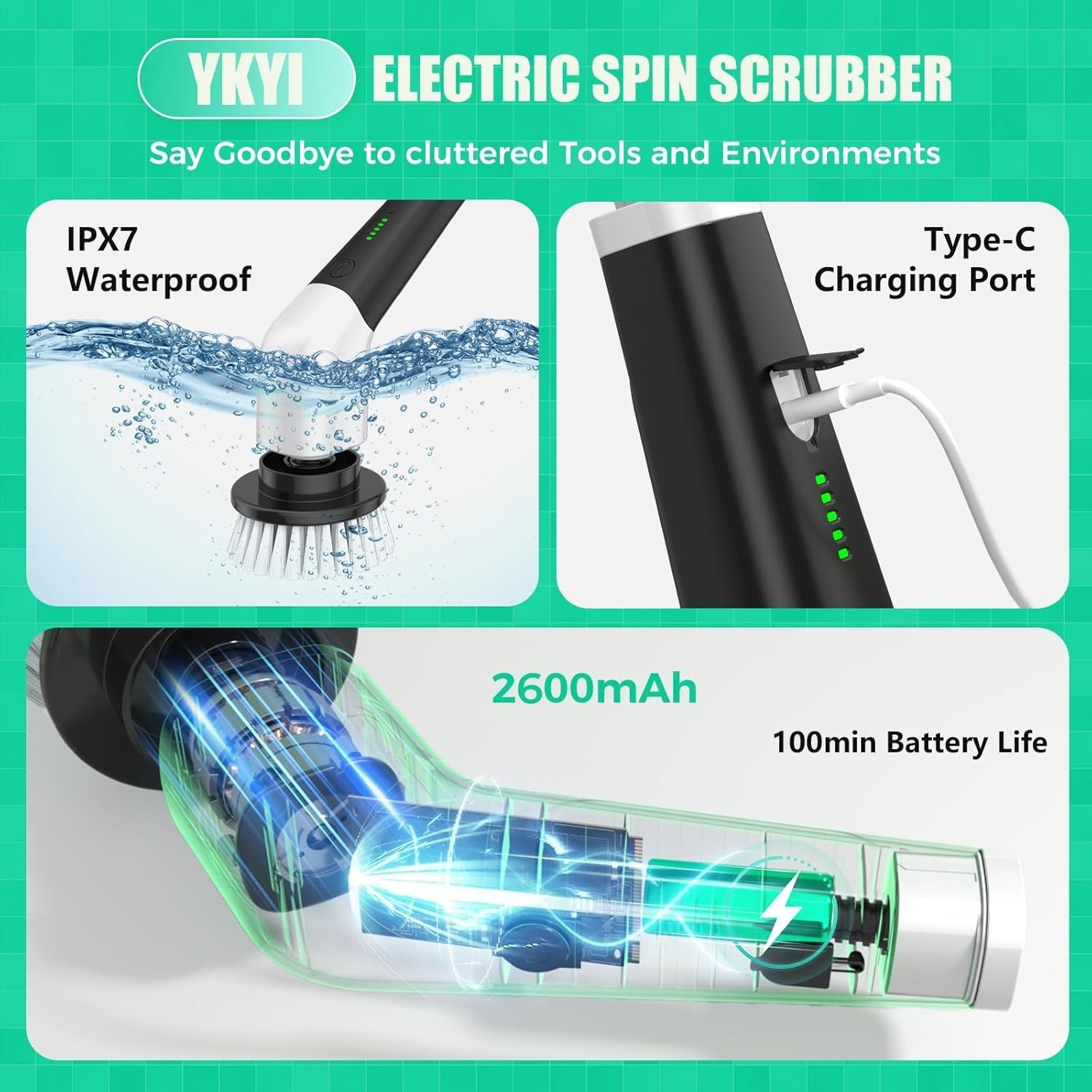 YKYI Cordless Electric Spin Scrubber 8-in-1 Rechargeable Extendable Brush Kit