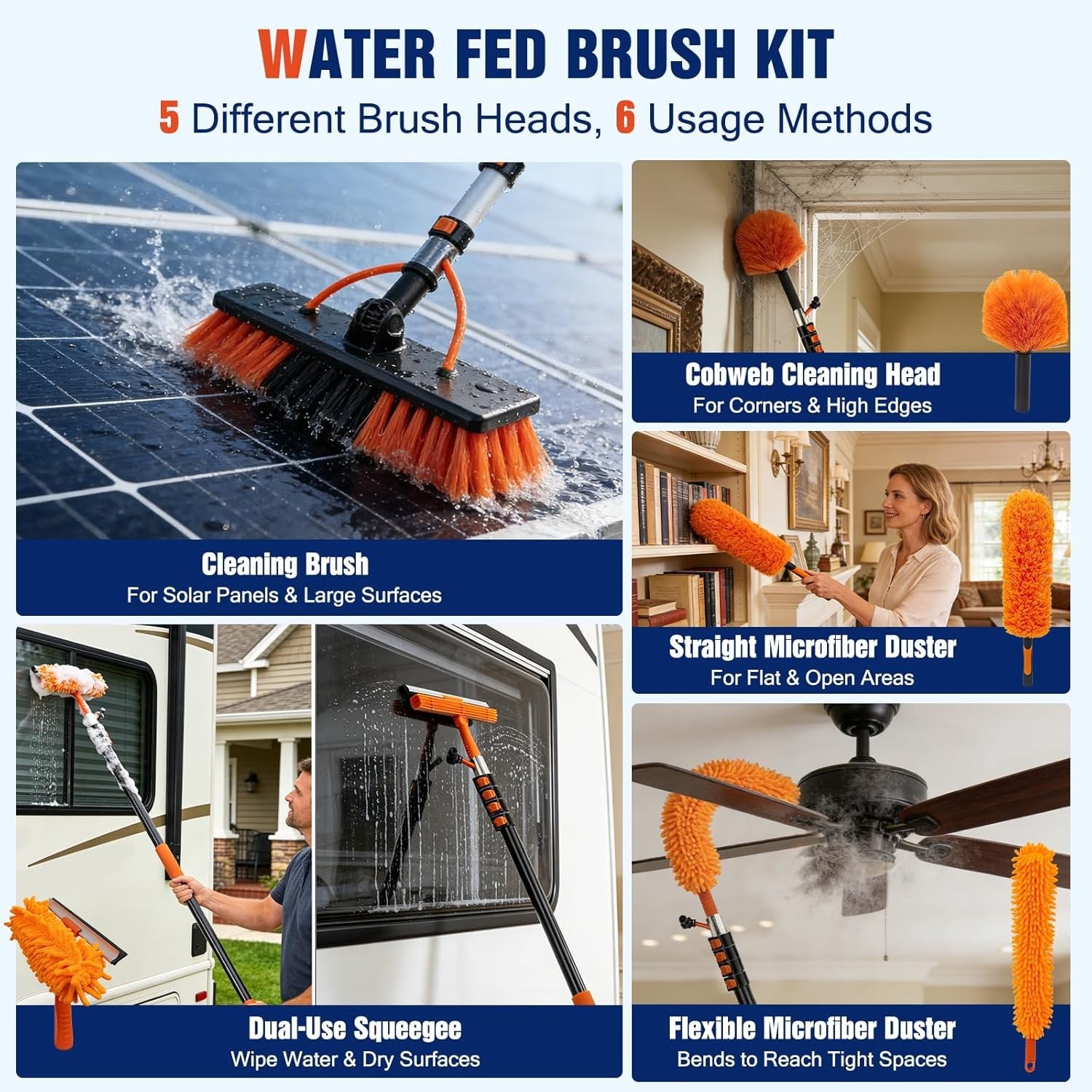 Water Fed Pole Window Cleaning System, Solar Panel Kit, 180° Brush & Soap Dispen