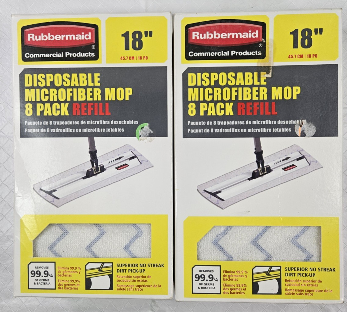 Rubbermaid Commercial 18″ Disposable Microfiber Mop Refill 8 pk Lot 2 Wet Dust