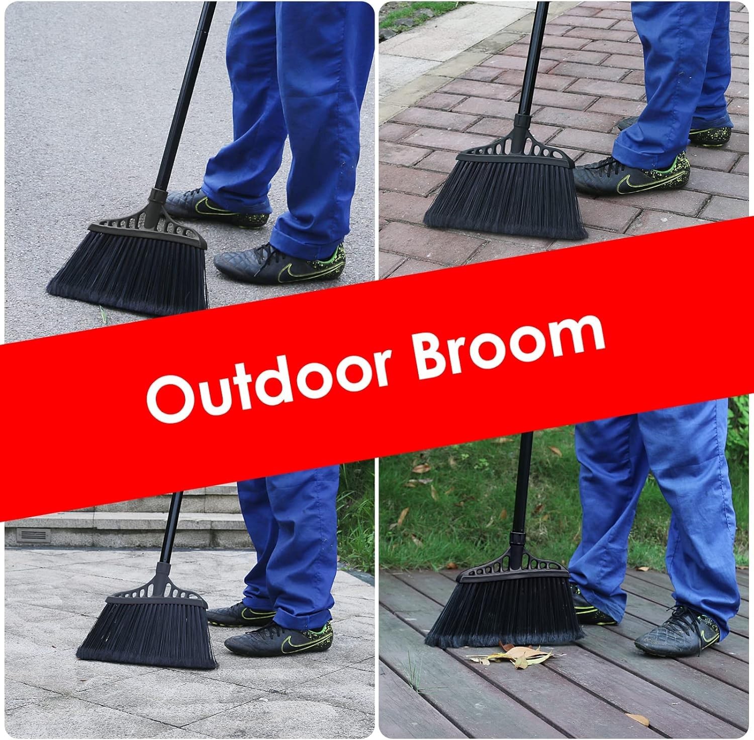 Tiumso Outdoor Broom for Floor Cleaning, Heavy Long Handle Broom, All Black