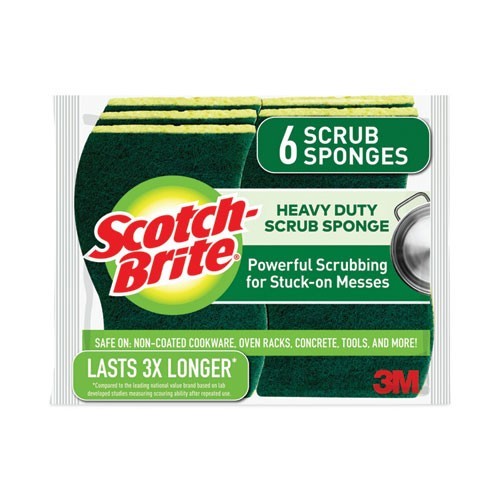 Scotch-Brite Heavy-Duty Scrub Sponge, 4.5×2.7, 0.6″ Thick, Yellow/Green, 6/Pack